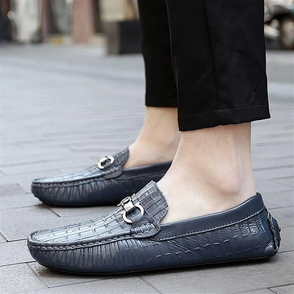 New Men's Loafers Shoes Round Toe Faux Crocodile Print Leather Flat Heel Comfortable Anti-Slip Prom Slip-on