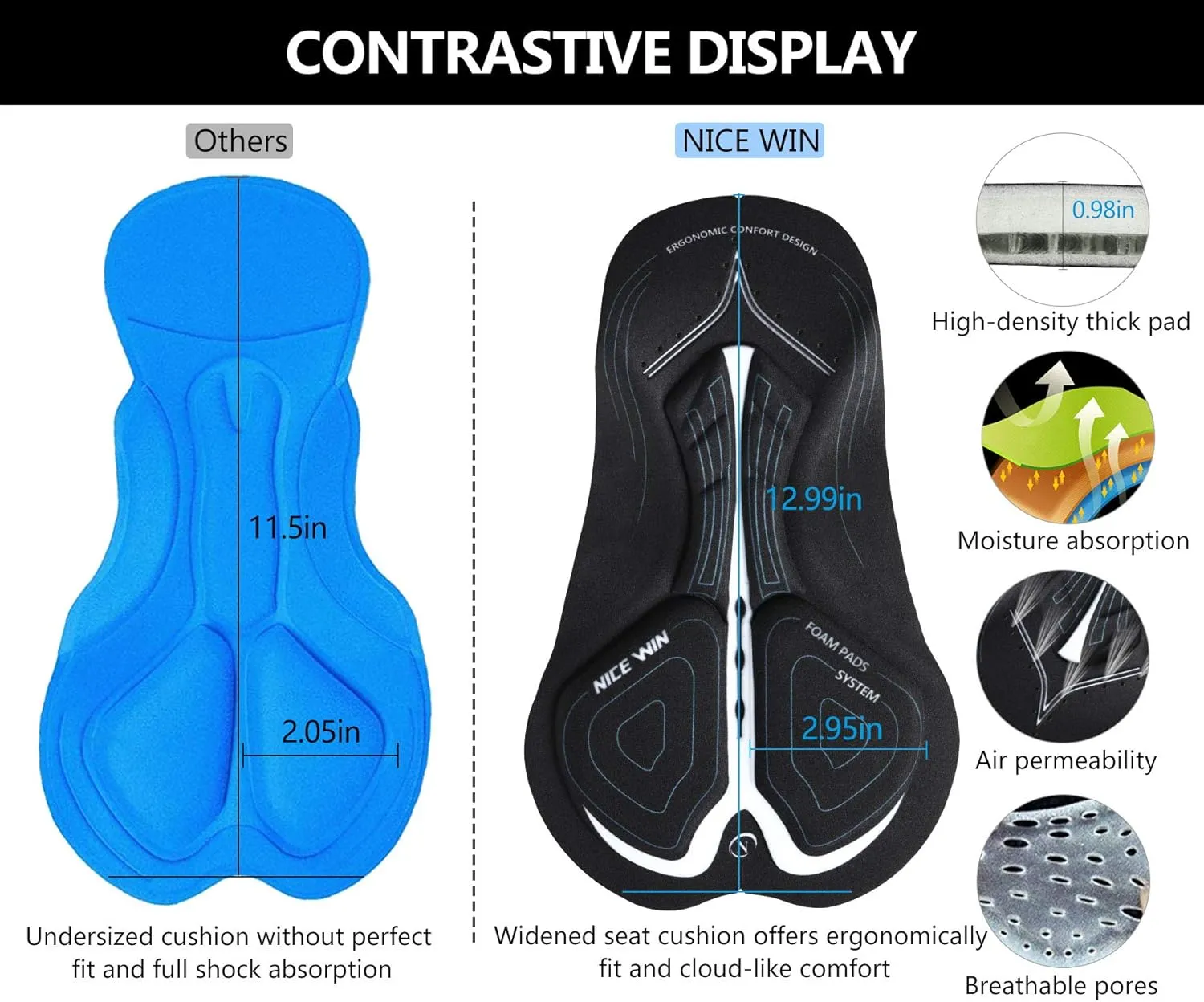 NICEWIN Mens 4D Padded Bike Shorts Anti-slip Leg Cycling Underwear Wide WaistBand Biking Bicycle Motorcycle Underpants