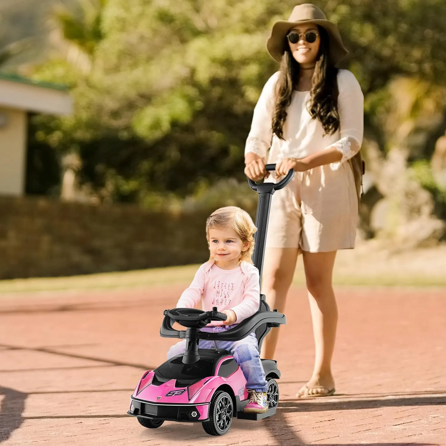 Nightcore 3-in-1 Push Car for Toddlers, Licensed Lamborghini Stroller Sliding Car with Push Handle & Arm Guardrails, Horn, Under Seat Storage, Ride on Kids Toy Car for Boys & Girls (Pink)