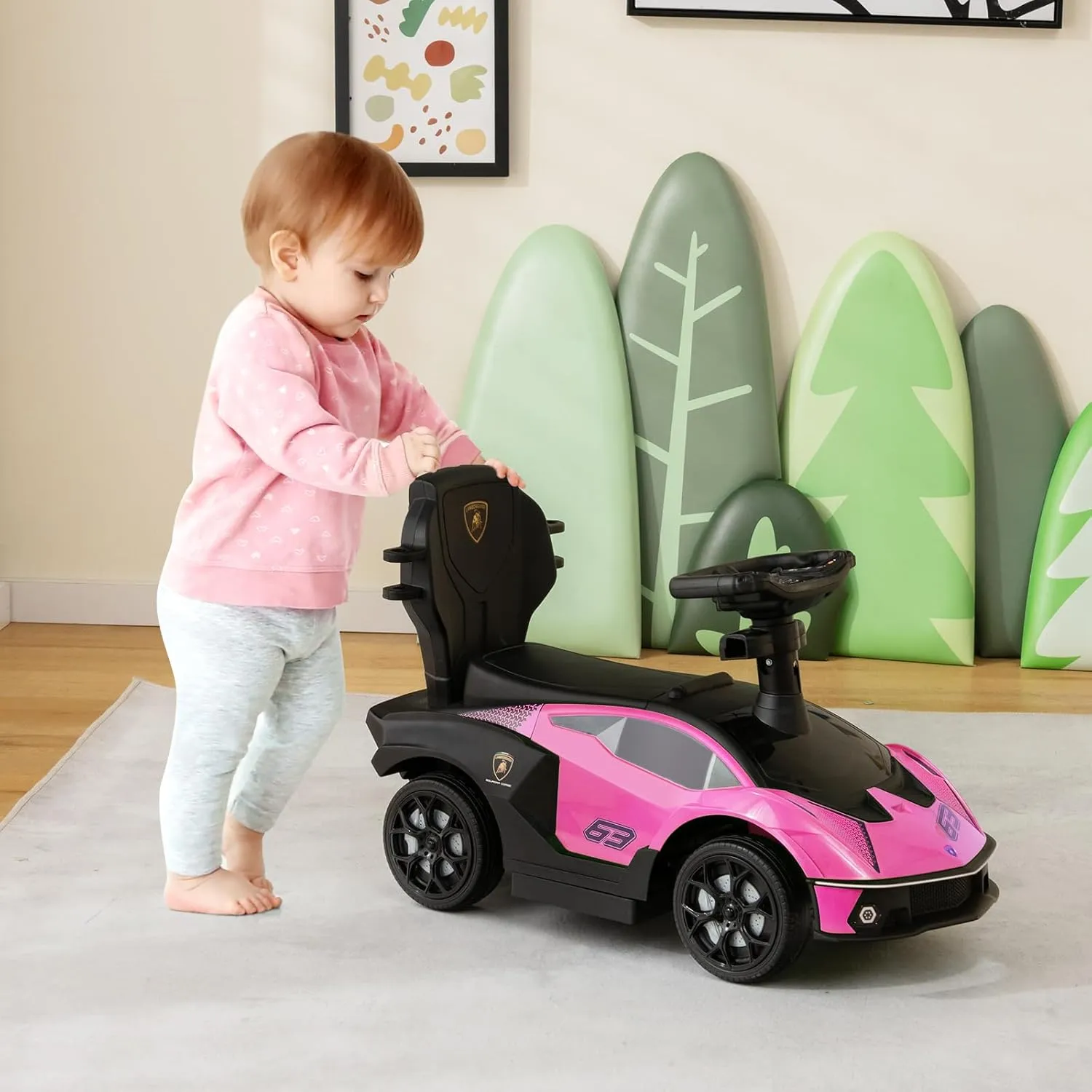 Nightcore 3-in-1 Push Car for Toddlers, Licensed Lamborghini Stroller Sliding Car with Push Handle & Arm Guardrails, Horn, Under Seat Storage, Ride on Kids Toy Car for Boys & Girls (Pink)