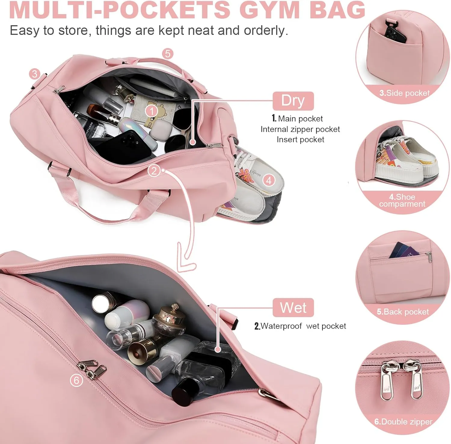 NOL Waterproof Gym Duffle Bag for Men & Women with Shoe & Wet Compartments, Multiple Pockets | Adjustable Shoulder Strap for Sports, Travel, Fitness, Workout & Hospital Use, Pink