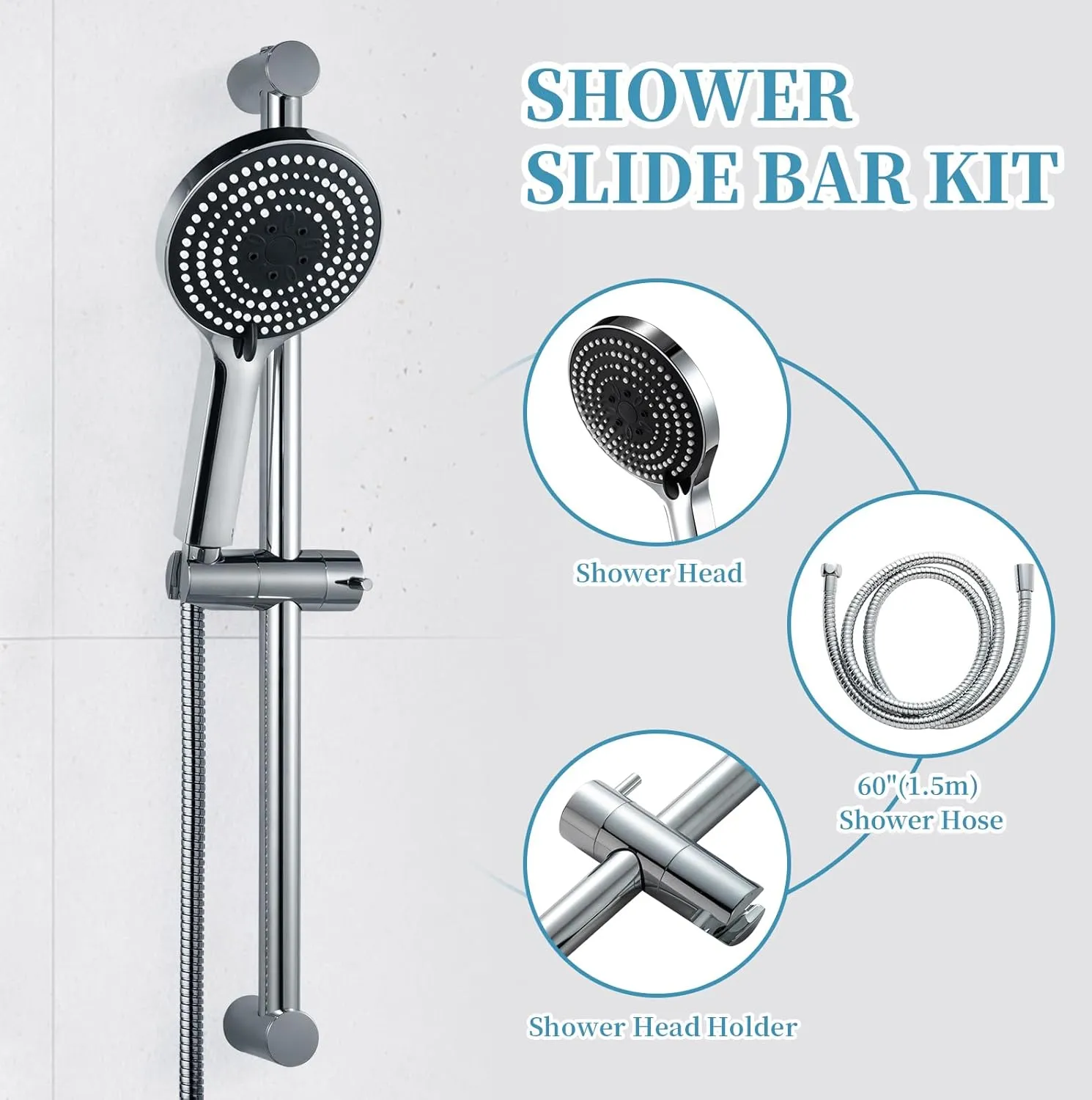 OFFO Shower Slide Bar Combo, Adjustable 27-inch Slide Bar with 6-Mode High Pressure Handheld Shower Head and 60-inch Stainless Steel Hose, Screw Wall Mounted, Chrome