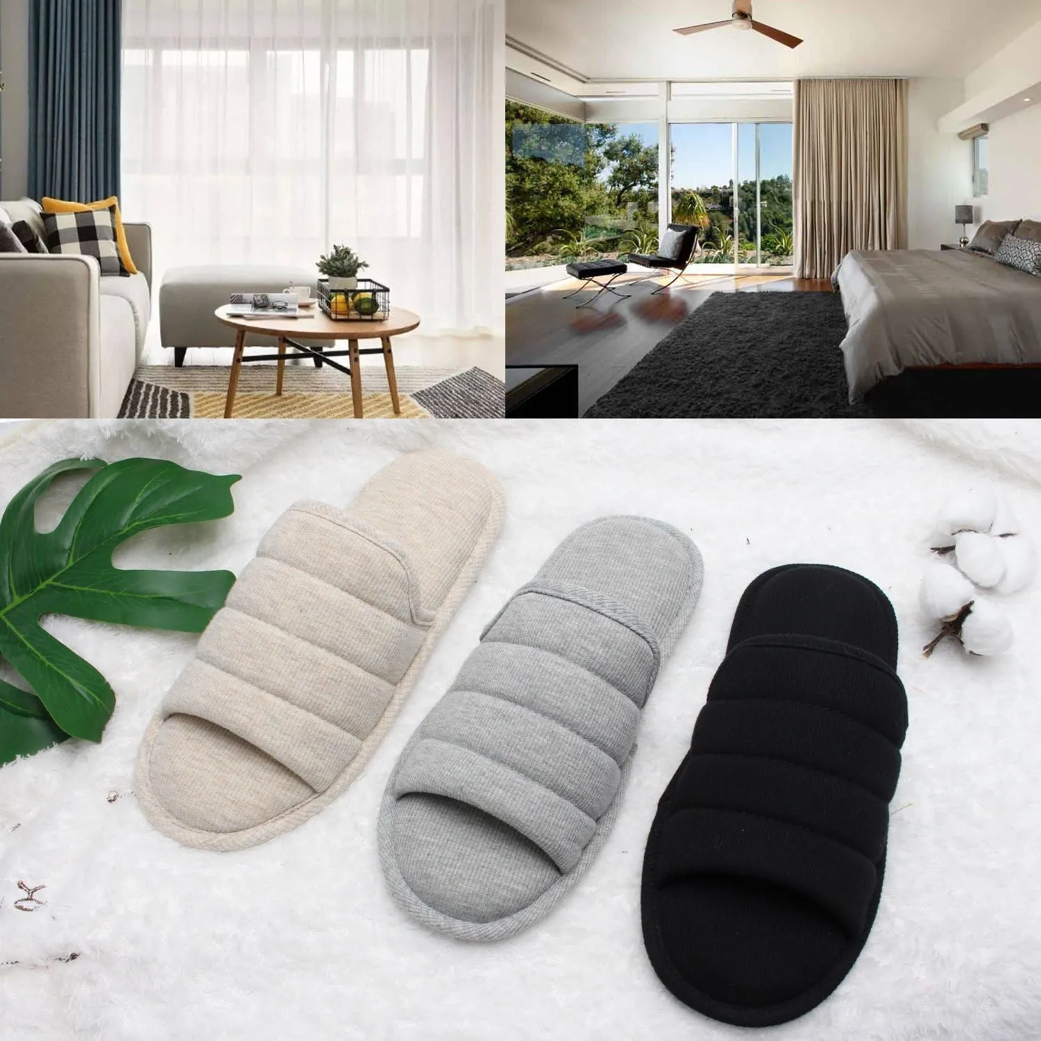 ofoot Mens Cotton Open Toe House Flat Slippers,Male Breathable Summer Indoor Slides, Memory Foam Anti Slip Sole