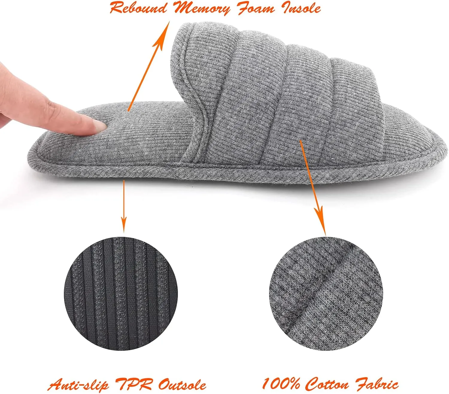 ofoot Mens Cotton Open Toe House Flat Slippers,Male Breathable Summer Indoor Slides, Memory Foam Anti Slip Sole