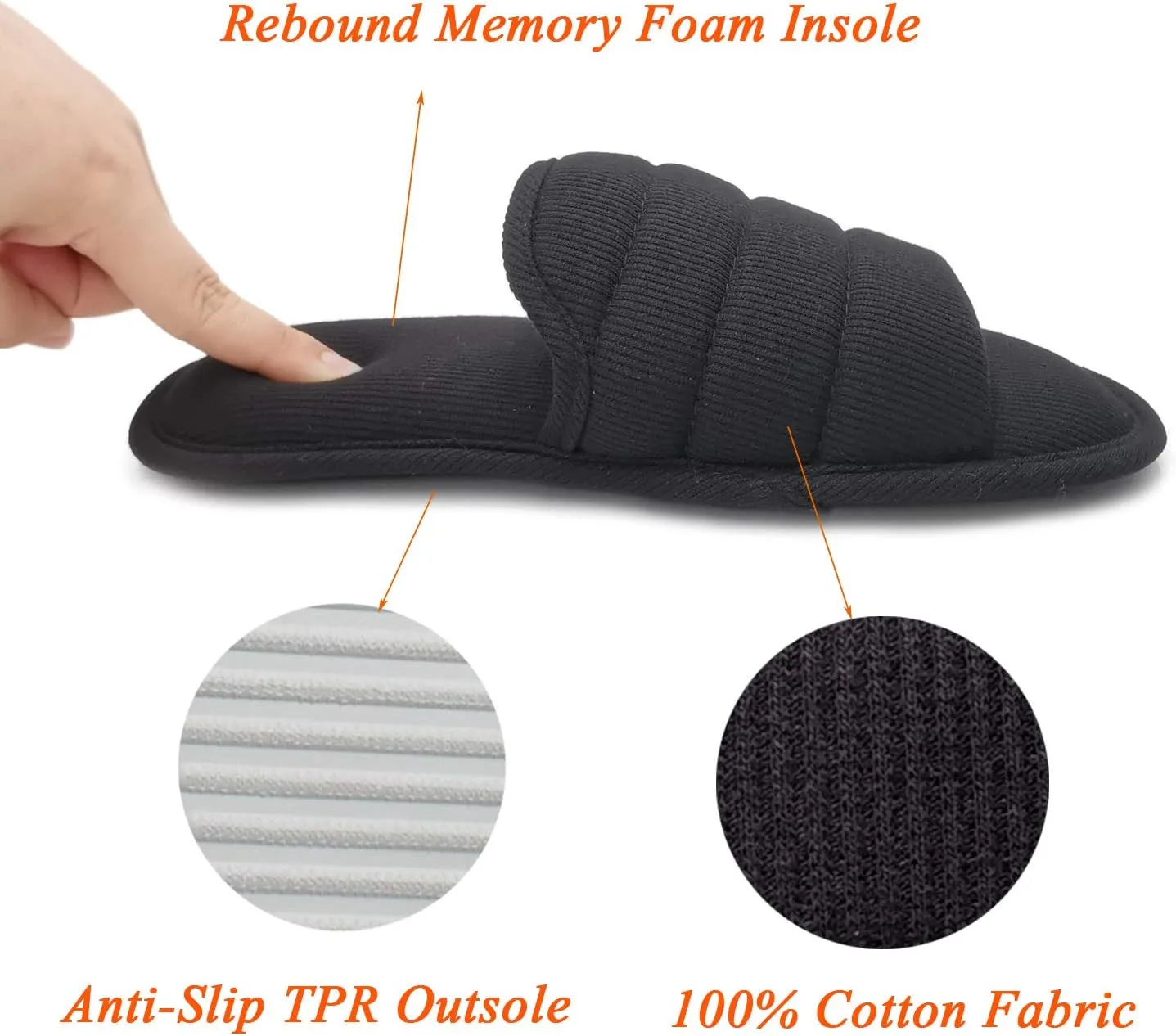 ofoot Mens Cotton Open Toe House Flat Slippers,Male Breathable Summer Indoor Slides, Memory Foam Anti Slip Sole