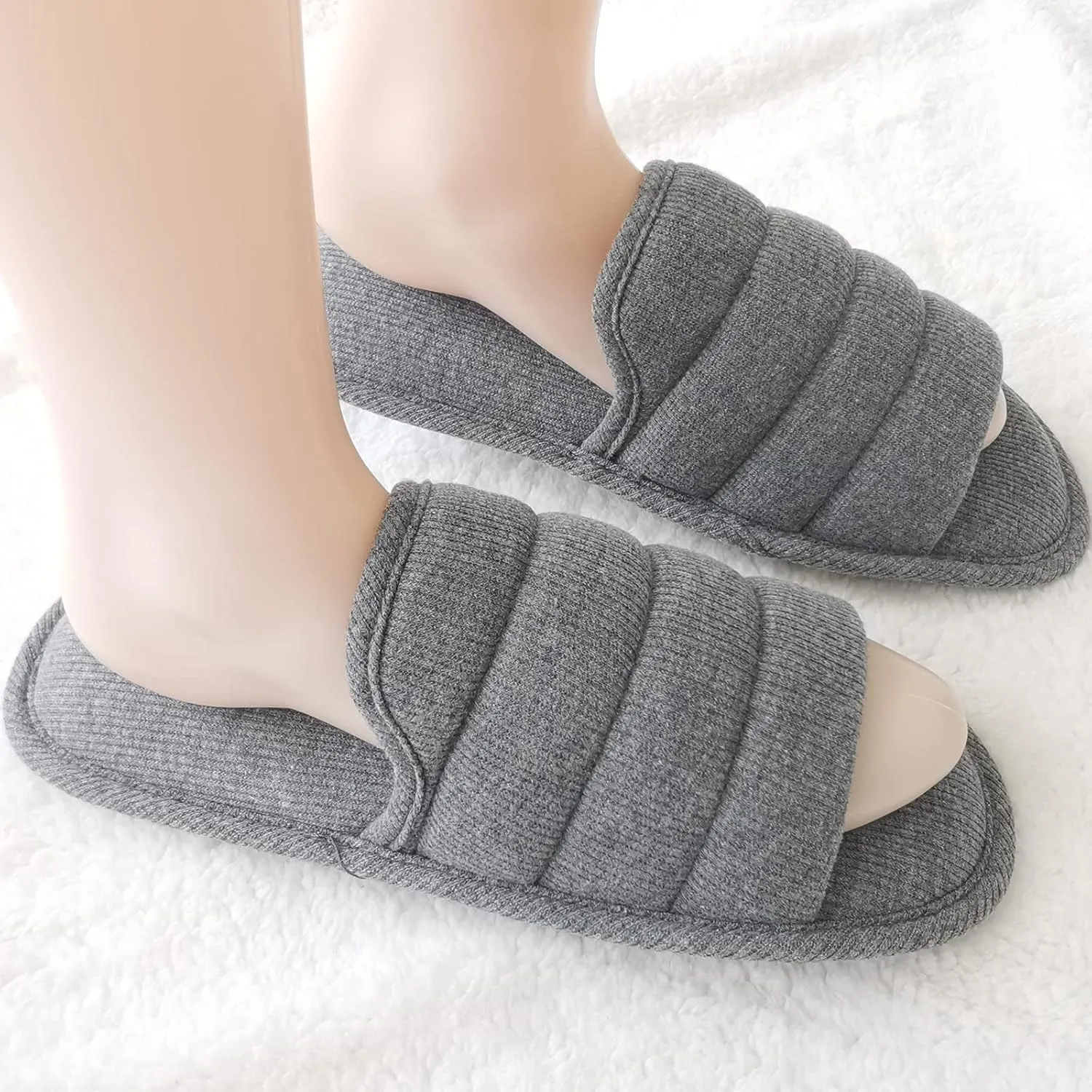 ofoot Mens Cotton Open Toe House Flat Slippers,Male Breathable Summer Indoor Slides, Memory Foam Anti Slip Sole