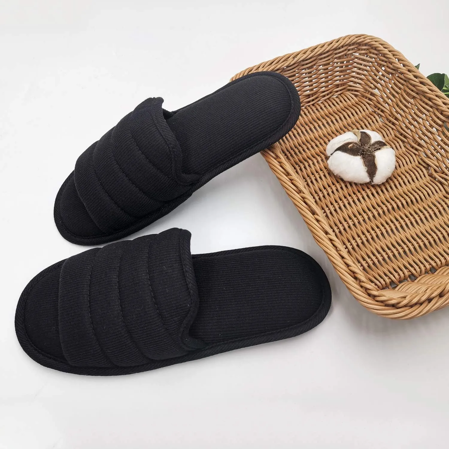 ofoot Mens Cotton Open Toe House Flat Slippers,Male Breathable Summer Indoor Slides, Memory Foam Anti Slip Sole