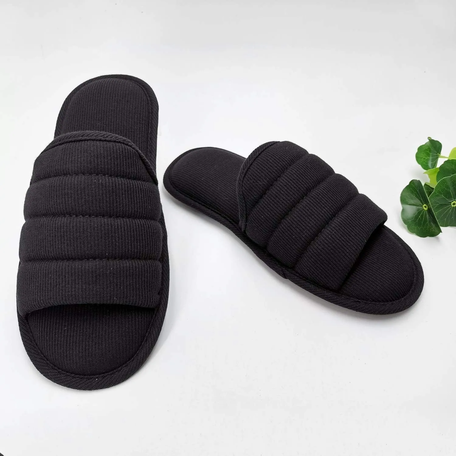 ofoot Mens Cotton Open Toe House Flat Slippers,Male Breathable Summer Indoor Slides, Memory Foam Anti Slip Sole