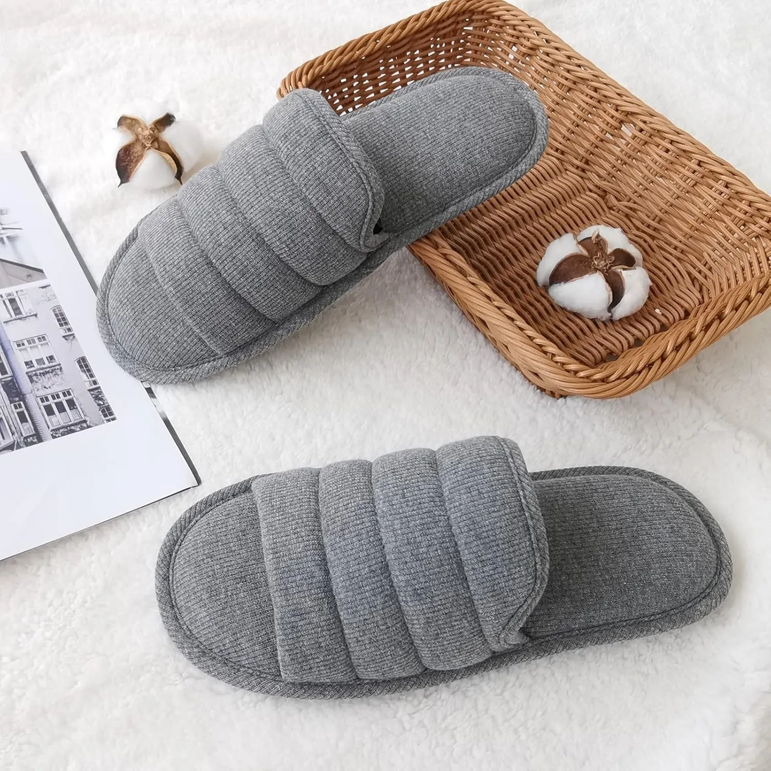 ofoot Mens Cotton Open Toe House Flat Slippers,Male Breathable Summer Indoor Slides, Memory Foam Anti Slip Sole