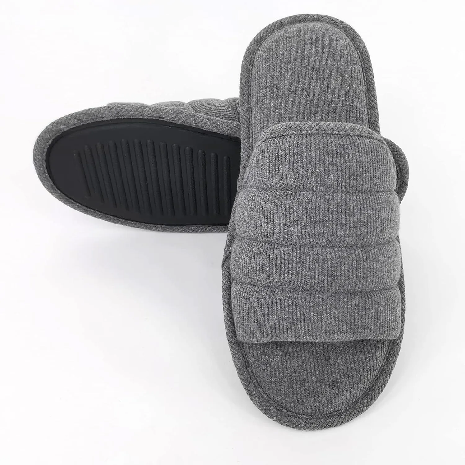 ofoot Mens Cotton Open Toe House Flat Slippers,Male Breathable Summer Indoor Slides, Memory Foam Anti Slip Sole