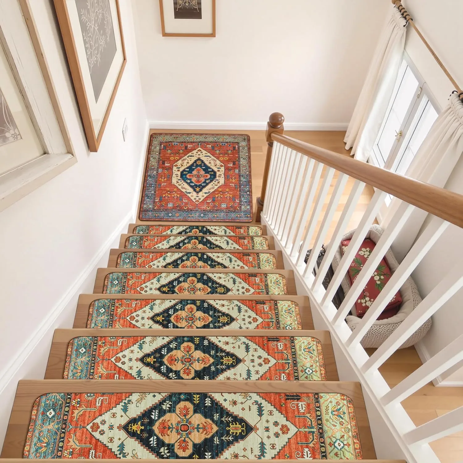 OJIA Stair Treads Non-Slip Matching Mat for Wooden Steps, Square Capet Stair Treads Rubber Backing Stair Runner Anti-Slip Stair Landing Mat 31x31 Inch