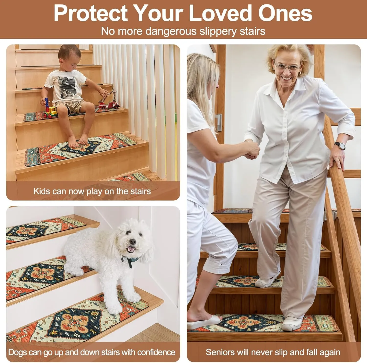 OJIA Stair Treads Non-Slip Matching Mat for Wooden Steps, Square Capet Stair Treads Rubber Backing Stair Runner Anti-Slip Stair Landing Mat 31x31 Inch