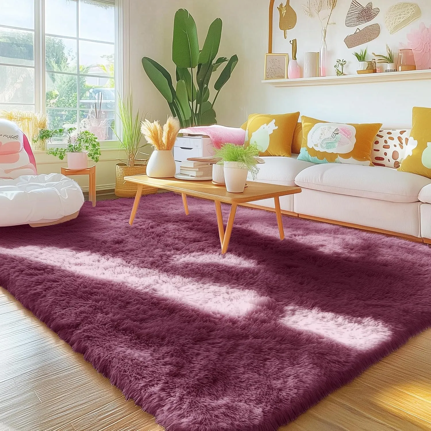 OLANLY Area Rugs for Living Room Bedroom, Machine Washable 4x5.9 Feet Soft Fluffy Shaggy Bedside Rug, Indoor Floor Carpet for Kids Girls and Boys, Dorms, Nursery Rooms, Home Decor Aesthetic, Burgundy