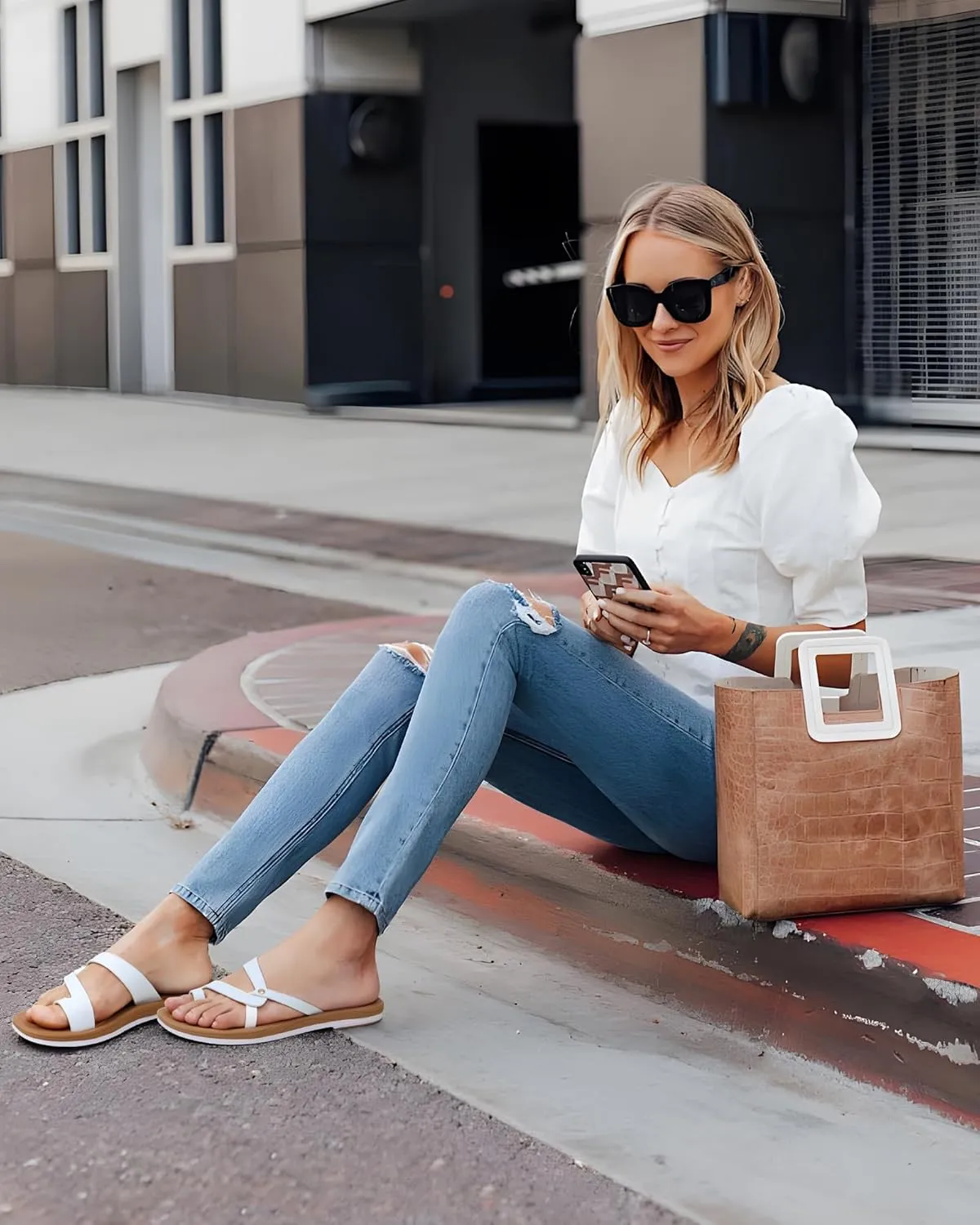 ONCAI Flat Sandals for Women Trendy Square Open Split-Toe Ring Summer Dressy Cross Strappy Slides Sandles with Slip-on Rubber Soles