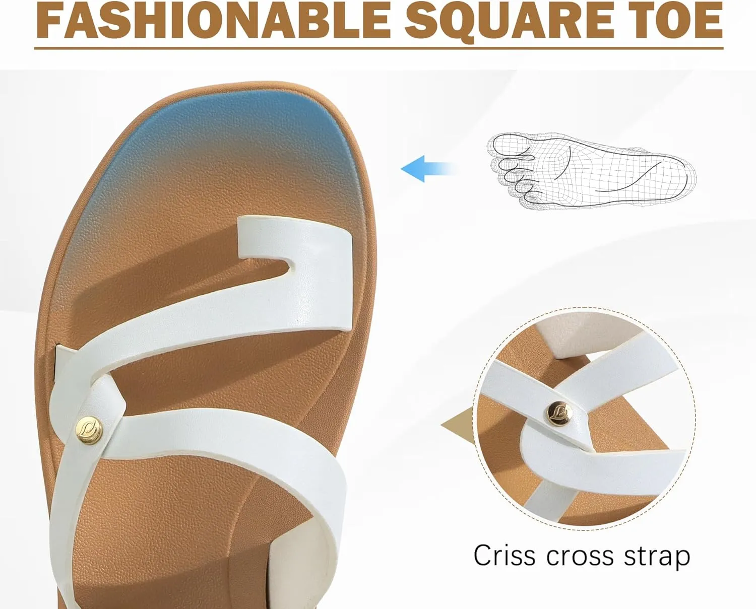 ONCAI Flat Sandals for Women Trendy Square Open Split-Toe Ring Summer Dressy Cross Strappy Slides Sandles with Slip-on Rubber Soles