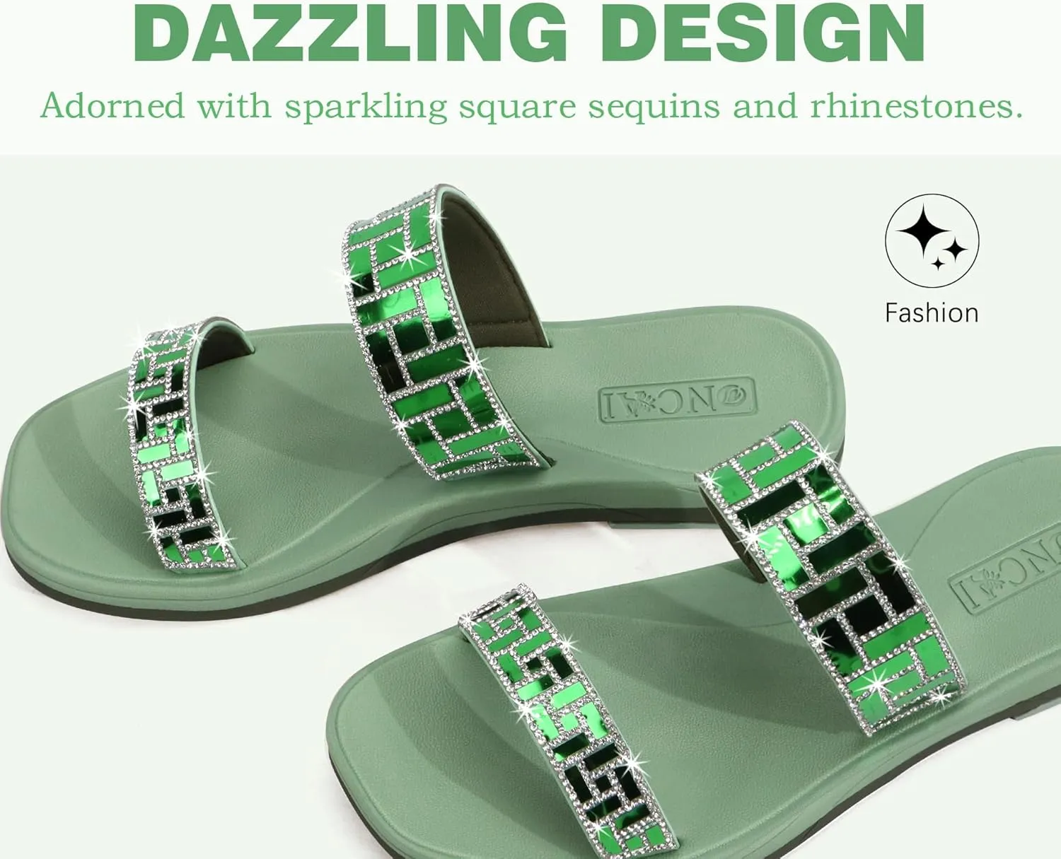 ONCAI Rhinestones Slide Sandals for Women with Glittery Trendy Square Open Toe Summer Flat Sparkly Dressy Sandals with Slip-on Rubber Soles
