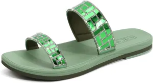 ONCAI Rhinestones Slide Sandals for Women with Glittery Trendy Square Open Toe Summer Flat Sparkly Dressy Sandals with Slip-on Rubber Soles