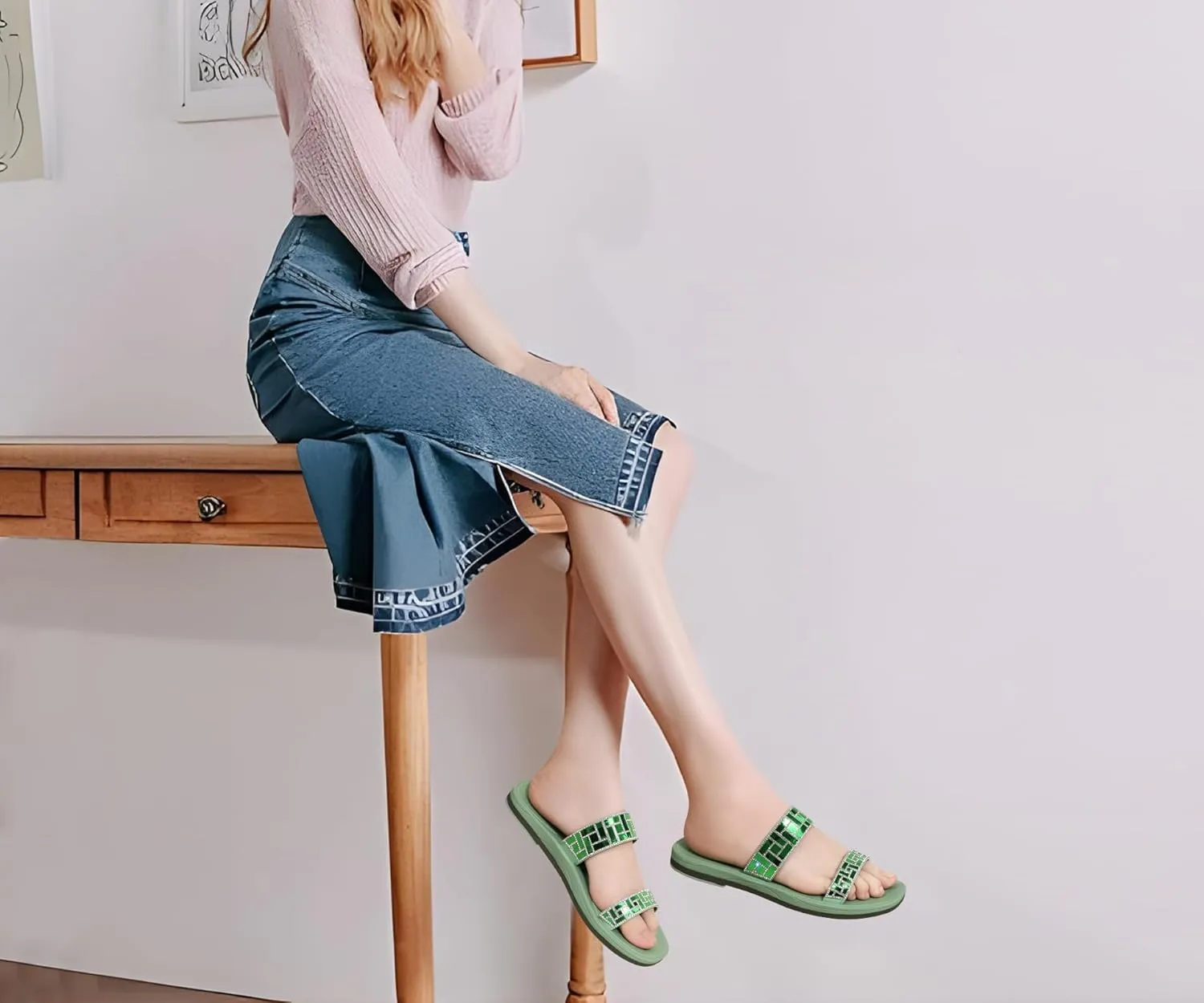 ONCAI Rhinestones Slide Sandals for Women with Glittery Trendy Square Open Toe Summer Flat Sparkly Dressy Sandals with Slip-on Rubber Soles