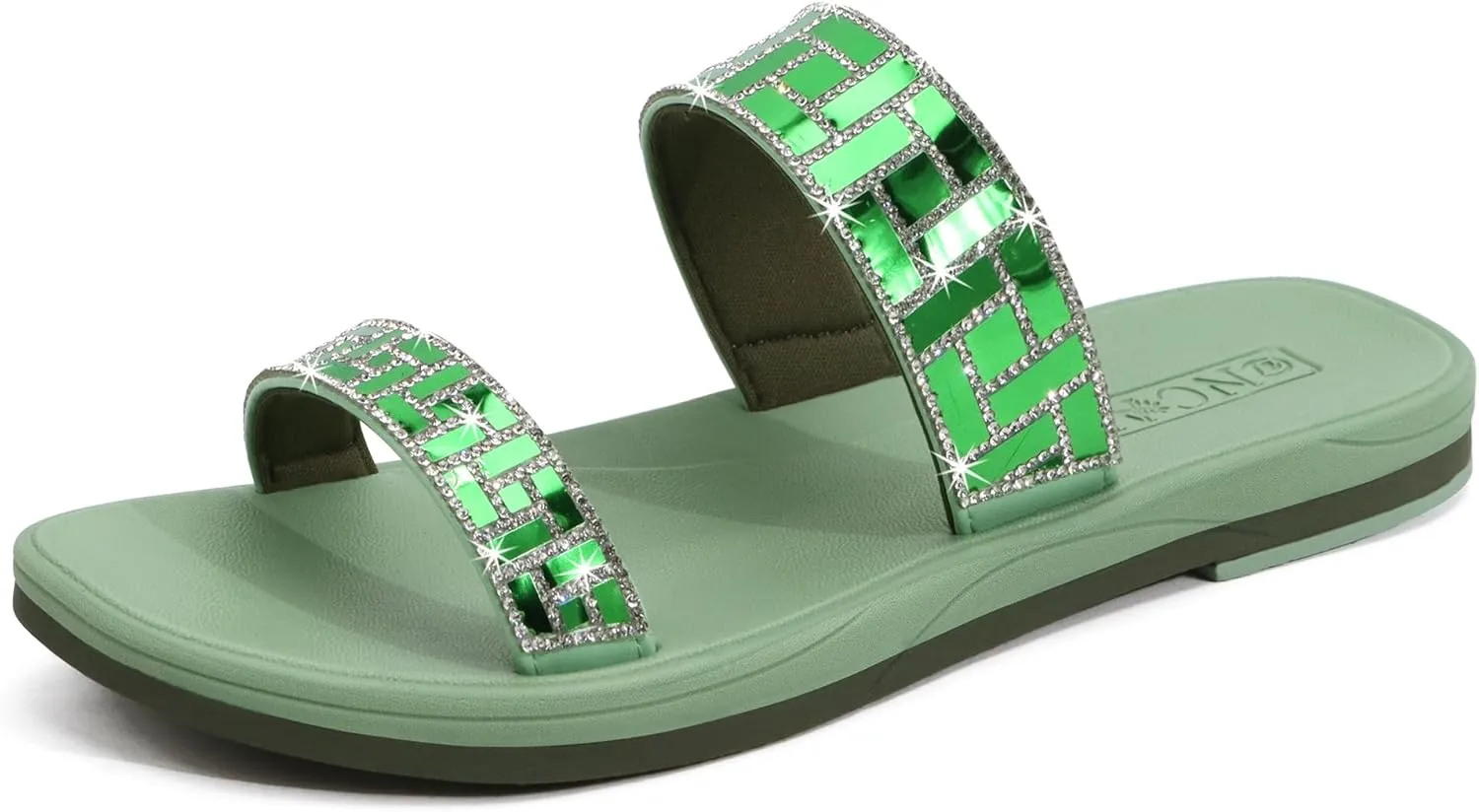 ONCAI Rhinestones Slide Sandals for Women with Glittery Trendy Square Open Toe Summer Flat Sparkly Dressy Sandals with Slip-on Rubber Soles