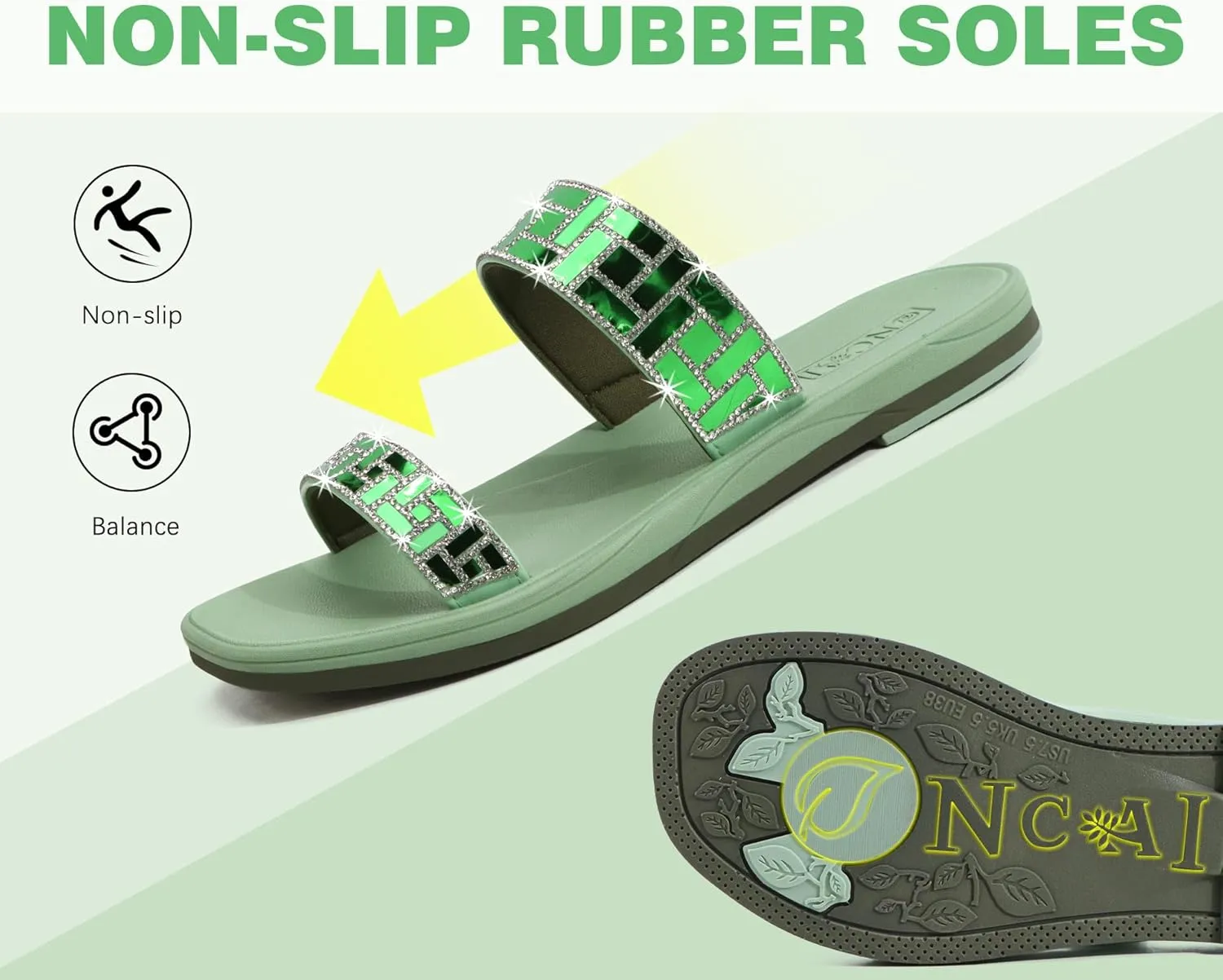 ONCAI Rhinestones Slide Sandals for Women with Glittery Trendy Square Open Toe Summer Flat Sparkly Dressy Sandals with Slip-on Rubber Soles