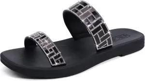 ONCAI Rhinestones Slide Sandals for Women with Glittery Trendy Square Open Toe Summer Flat Sparkly Dressy Sandals with Slip-on Rubber Soles