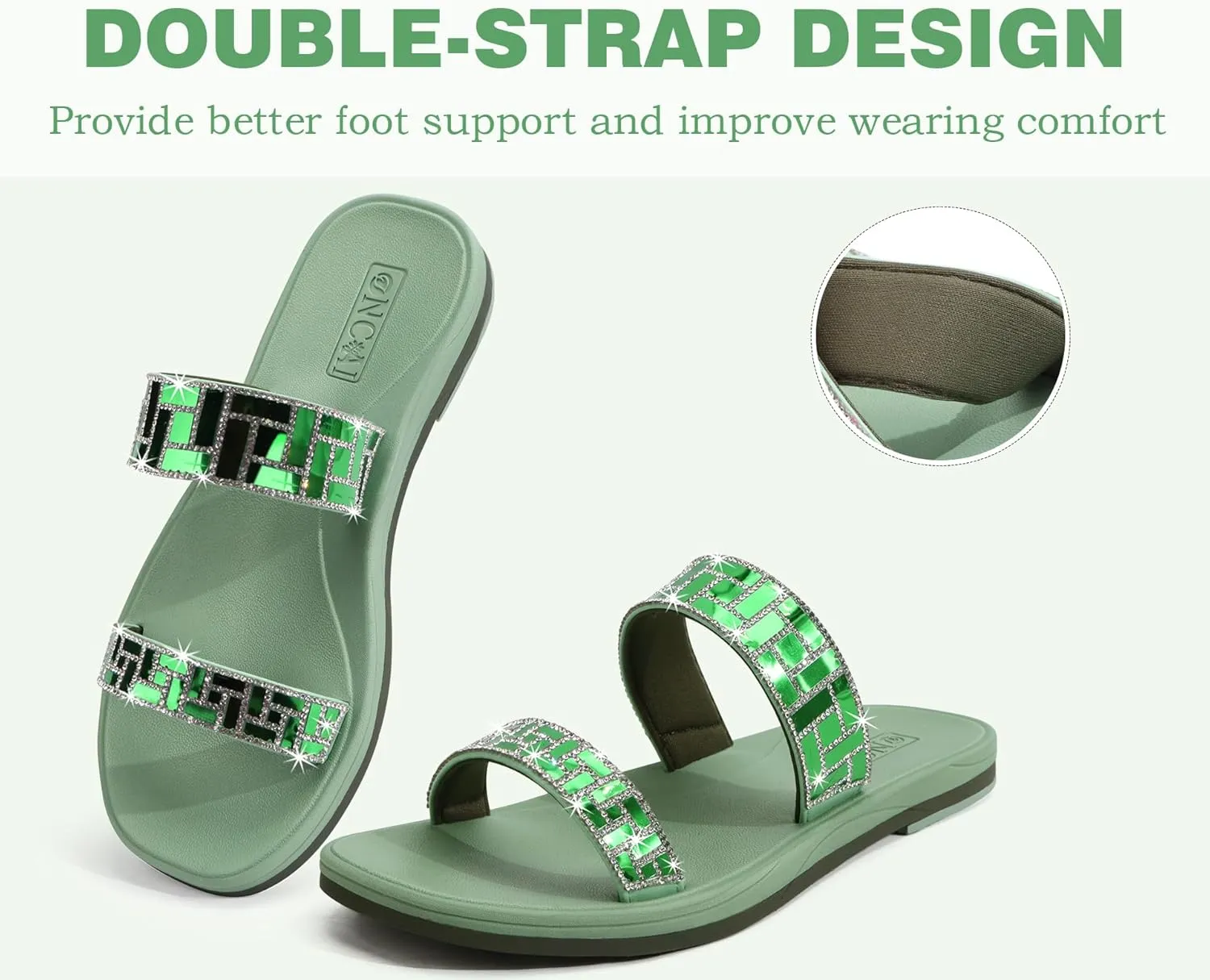 ONCAI Rhinestones Slide Sandals for Women with Glittery Trendy Square Open Toe Summer Flat Sparkly Dressy Sandals with Slip-on Rubber Soles