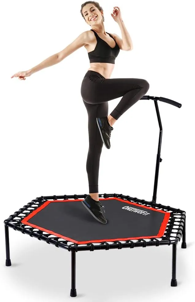 OneTwoFit 48" Silent Mini Trampoline with Adjustable Handle Bar Fitness Trampoline Bungee Rebounder Jumping Cardio Trainer Workout for Adults or Kids OT088