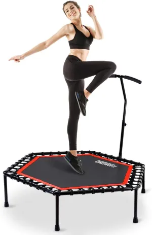 OneTwoFit 48" Silent Mini Trampoline with Adjustable Handle Bar Fitness Trampoline Bungee Rebounder Jumping Cardio Trainer Workout for Adults or Kids OT088