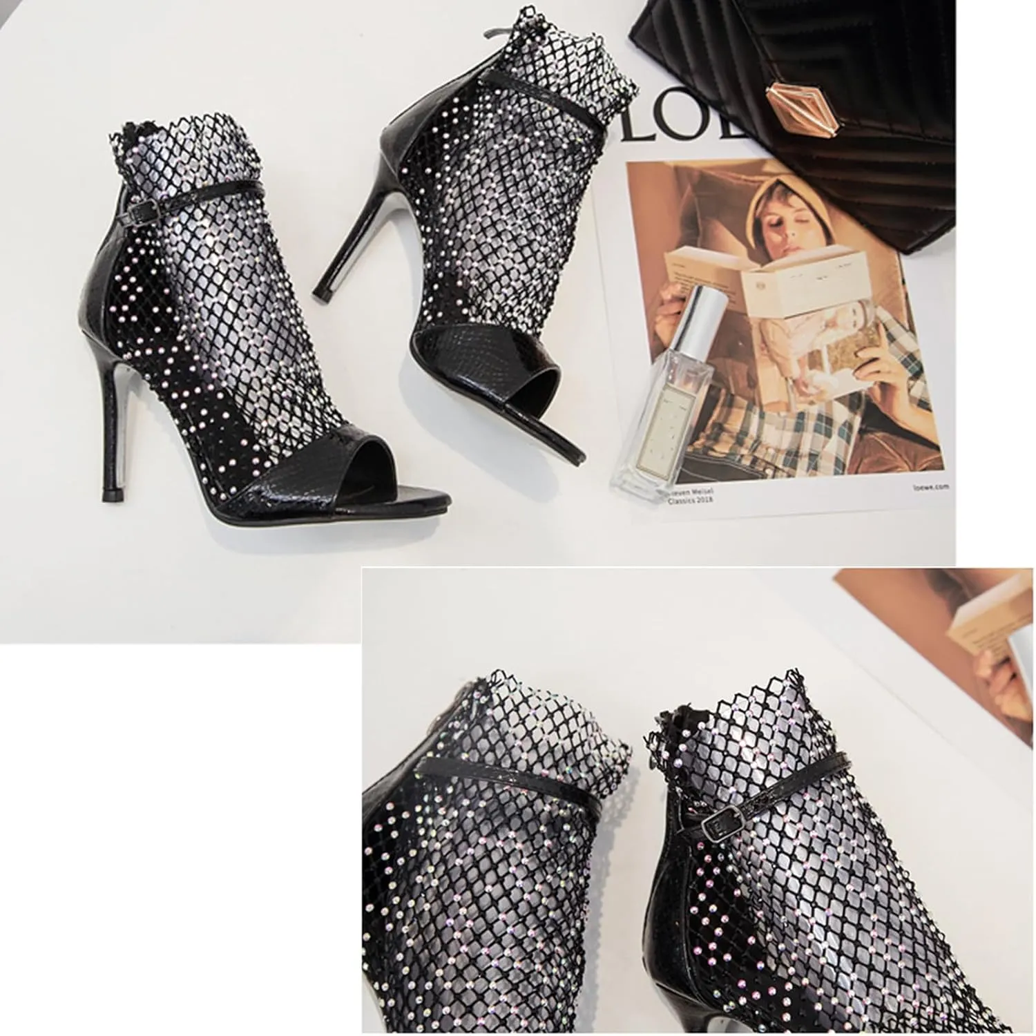 Open Toe Mesh Boots for Women Summer Rhinestones Boot Sandals Breathable Stiletto High Heels Summer Booties Back Zip