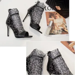 Open Toe Mesh Boots for Women Summer Rhinestones Boot Sandals Breathable Stiletto High Heels Summer Booties Back Zip