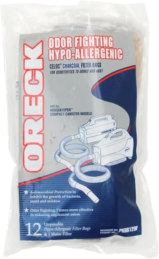 Oreck Vacuum Cleaner Bags for Handheld Vacs, Pack of 12, White, Hypo-Allergenic, Part # PKBB12OF, Oreck Odor Fighting Vacuum Bags