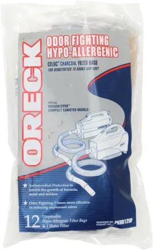 Oreck Vacuum Cleaner Bags for Handheld Vacs, Pack of 12, White, Hypo-Allergenic, Part # PKBB12OF, Oreck Odor Fighting Vacuum Bags