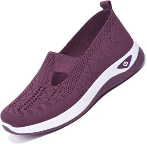 Orthowalkway Womens Shoes,Breathable Sneakers Slip On Comfortable Knitted Lightweight Flat Walking Shoes with Soft Cushion