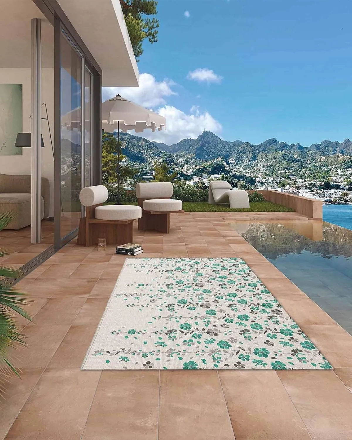 Outdoor Rug for Patio, Large Floor Mat Flower Teal Grey Cherry Blossoms Cotton Background Non Slip Area Rug Rubber Backing Quick Dry Clearance Carpet for Camping, Garden, Lawn, Deck, Porch, 4' x 6'