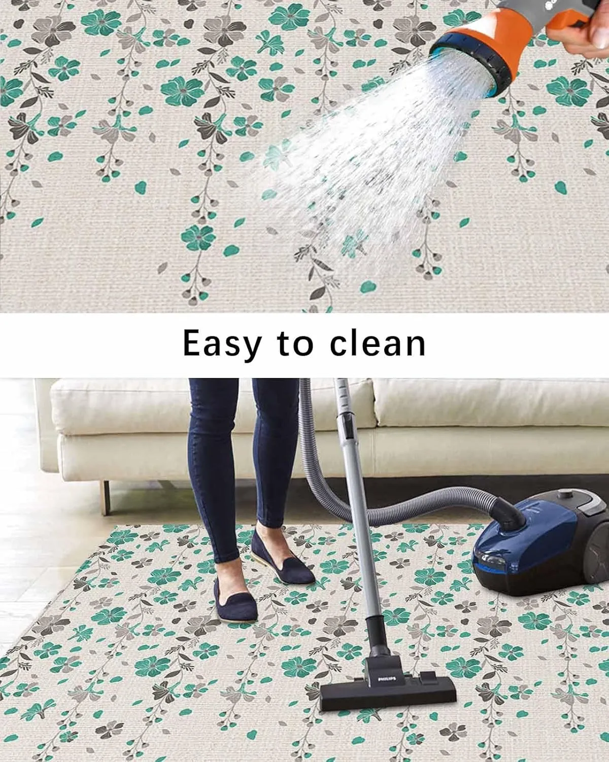 Outdoor Rug for Patio, Large Floor Mat Flower Teal Grey Cherry Blossoms Cotton Background Non Slip Area Rug Rubber Backing Quick Dry Clearance Carpet for Camping, Garden, Lawn, Deck, Porch, 4' x 6'