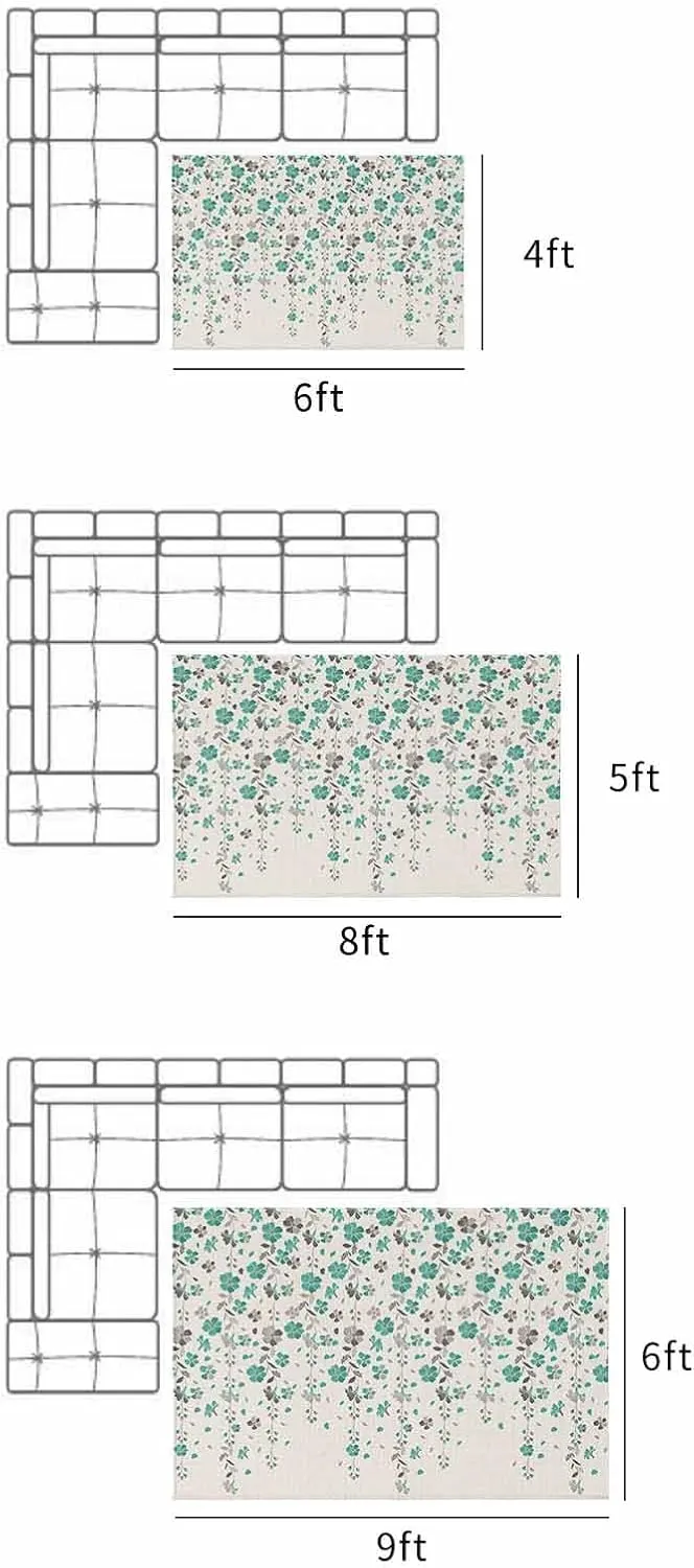 Outdoor Rug for Patio, Large Floor Mat Flower Teal Grey Cherry Blossoms Cotton Background Non Slip Area Rug Rubber Backing Quick Dry Clearance Carpet for Camping, Garden, Lawn, Deck, Porch, 4' x 6'