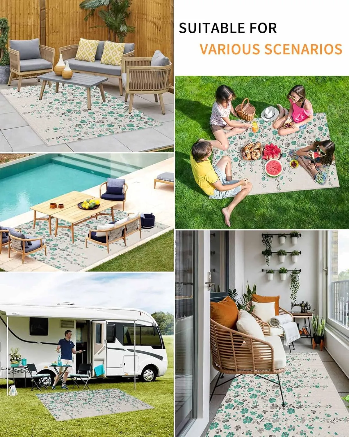 Outdoor Rug for Patio, Large Floor Mat Flower Teal Grey Cherry Blossoms Cotton Background Non Slip Area Rug Rubber Backing Quick Dry Clearance Carpet for Camping, Garden, Lawn, Deck, Porch, 4' x 6'