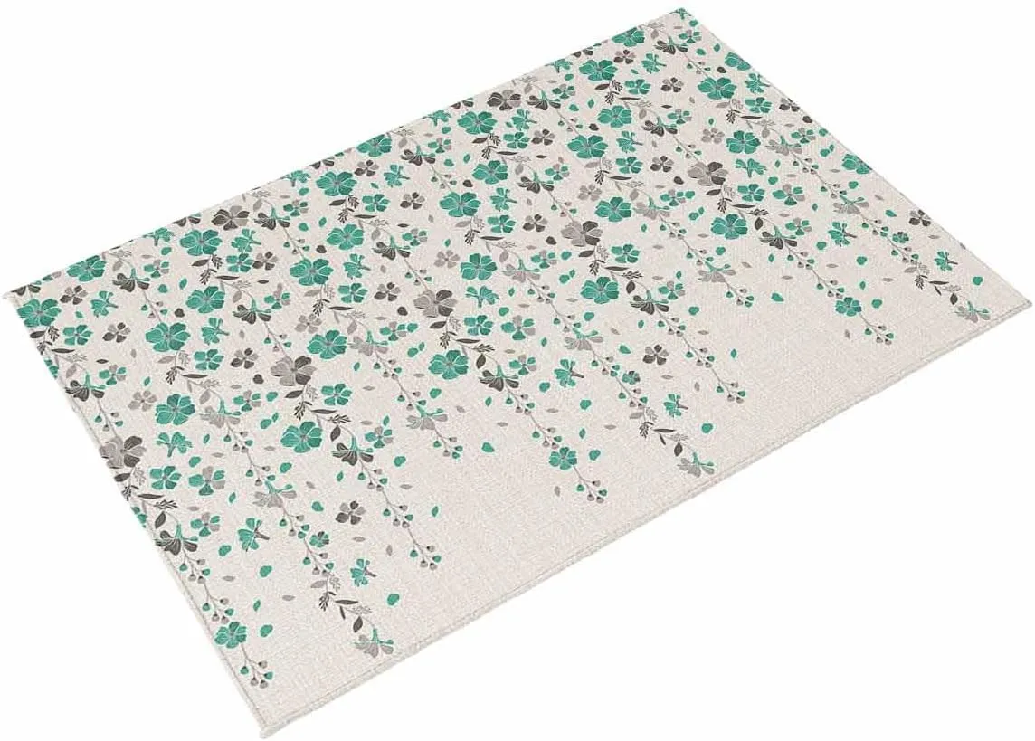 Outdoor Rug for Patio, Large Floor Mat Flower Teal Grey Cherry Blossoms Cotton Background Non Slip Area Rug Rubber Backing Quick Dry Clearance Carpet for Camping, Garden, Lawn, Deck, Porch, 4' x 6'