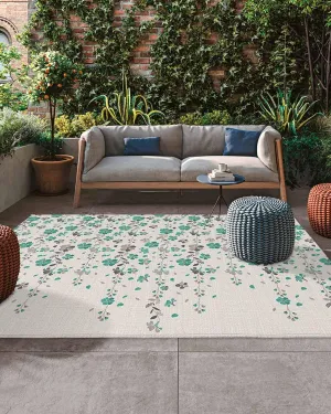Outdoor Rug for Patio, Large Floor Mat Flower Teal Grey Cherry Blossoms Cotton Background Non Slip Area Rug Rubber Backing Quick Dry Clearance Carpet for Camping, Garden, Lawn, Deck, Porch, 4' x 6'