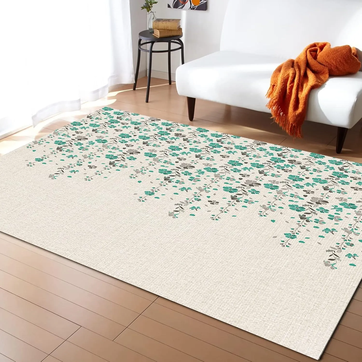Outdoor Rug for Patio, Large Floor Mat Flower Teal Grey Cherry Blossoms Cotton Background Non Slip Area Rug Rubber Backing Quick Dry Clearance Carpet for Camping, Garden, Lawn, Deck, Porch, 4' x 6'