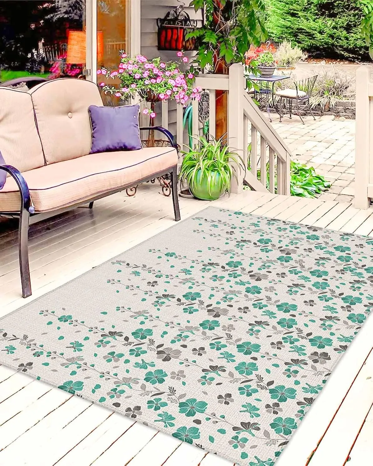 Outdoor Rug for Patio, Large Floor Mat Flower Teal Grey Cherry Blossoms Cotton Background Non Slip Area Rug Rubber Backing Quick Dry Clearance Carpet for Camping, Garden, Lawn, Deck, Porch, 4' x 6'