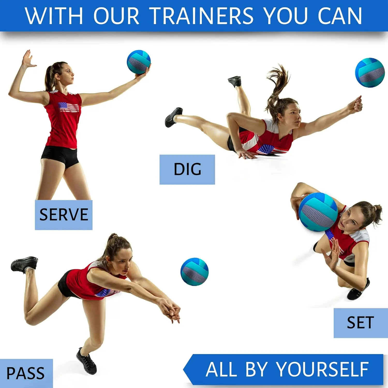 OVANTO Volleyball Training Equipment Aid – Solo Volleyball Equipment in 4 Styles to Serve, Spike, Set and Pass Like a Pro - Adjustable Volleyball Practice Equipment Gift for Beginners & Experts
