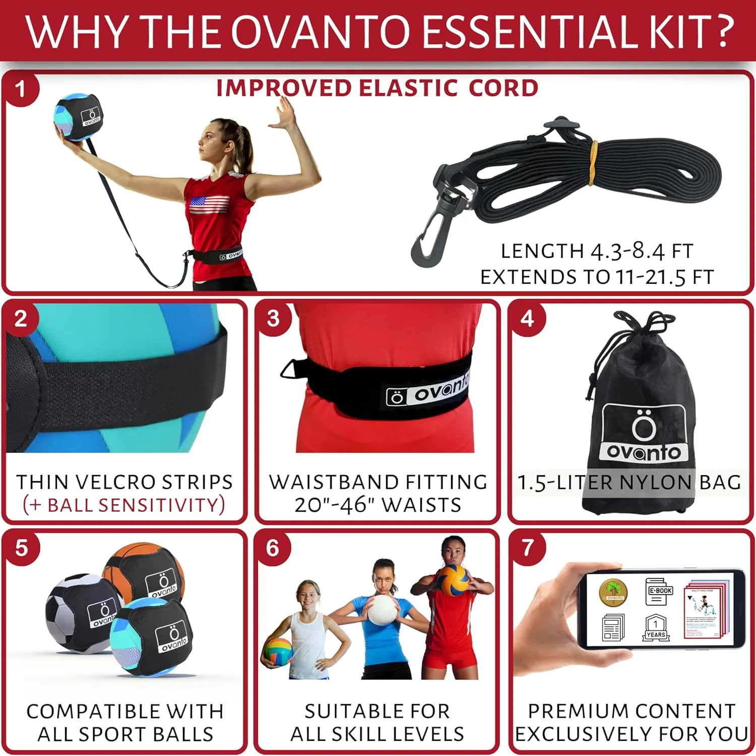 OVANTO Volleyball Training Equipment Aid – Solo Volleyball Equipment in 4 Styles to Serve, Spike, Set and Pass Like a Pro - Adjustable Volleyball Practice Equipment Gift for Beginners & Experts