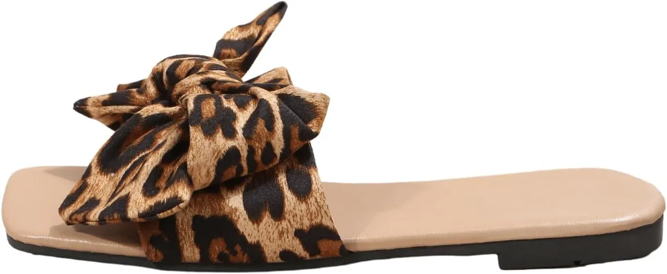OYOANGLE Women's Leopard Print Bow Decor Slide Sandals Flat Sandals Vacation Colorblock Open Toe Slip on Slide Sandal