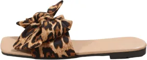 OYOANGLE Women's Leopard Print Bow Decor Slide Sandals Flat Sandals Vacation Colorblock Open Toe Slip on Slide Sandal