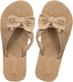 OYOANGLE Women's Solid Bow Decor Slide Sandals Summer Beach Shoes Toe Post Flat Sandals Open Toe Slip on Slide Sandal