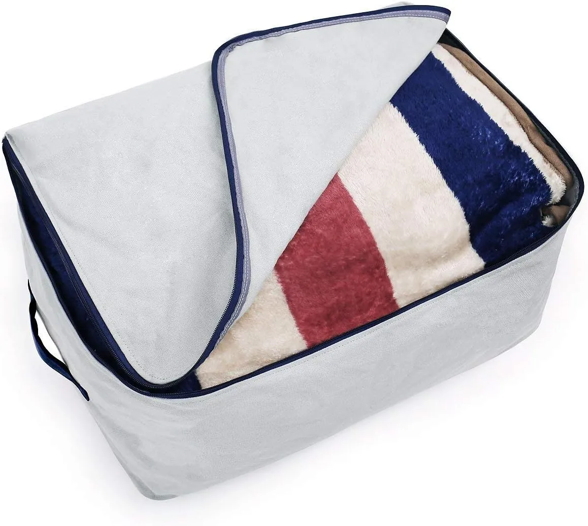 Pack of 2, 100% Natural Canvas Cotton Large Size Storage Bags for Queen/King Size Bedding Sheet, Blankets, Winter Clothes Organizer Containers, Light Gray