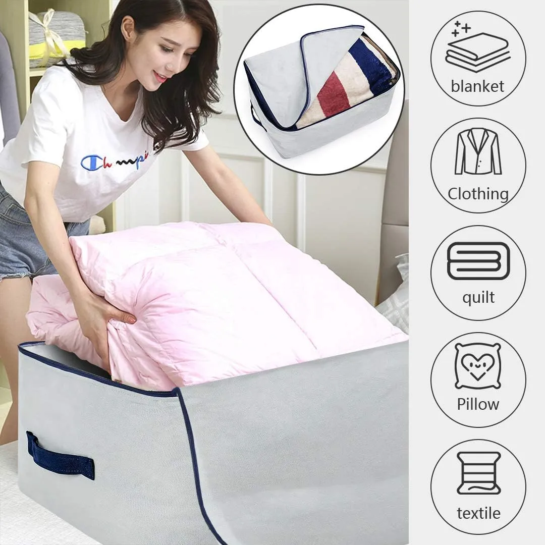 Pack of 2, 100% Natural Canvas Cotton Large Size Storage Bags for Queen/King Size Bedding Sheet, Blankets, Winter Clothes Organizer Containers, Light Gray