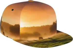 Pasture at Sundown in Orange Sunny Beams Printed Adjustable Flat Brim Baseball Cap Neutral Trucker Cap