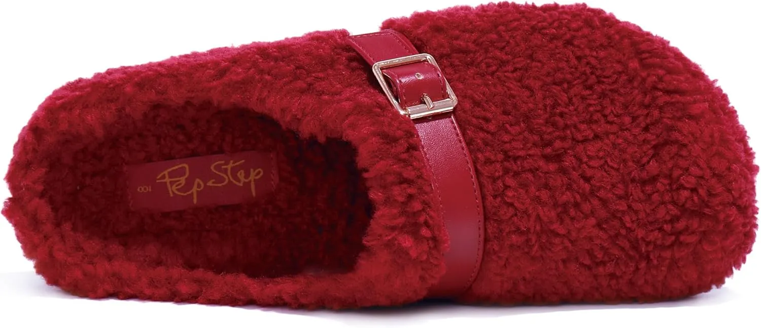 PepStep Womens Suede or Fur Clog Mules - Low Platform Slip On Closed Toe Arch Support Cork Slide Slippers for Ladies